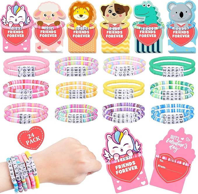 MOVINPE Valentines Day Cards for Girls Classroom Bulk, 24 Pack Friendship Bead Bracelets with Val... | Amazon (US)