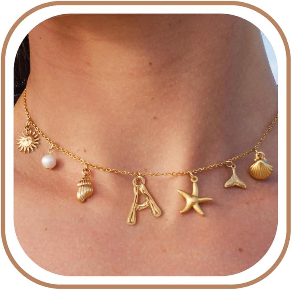 Initial Charm Necklace For Women Shell Seashell Summer Beach Letter 14K Gold Plated Pendant Starf... | Amazon (US)
