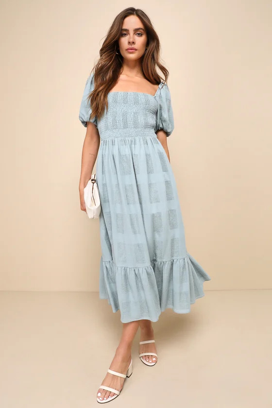 Budding Charm Sage Smocked Puff Sleeve Midi Dress With Pockets | Lulus