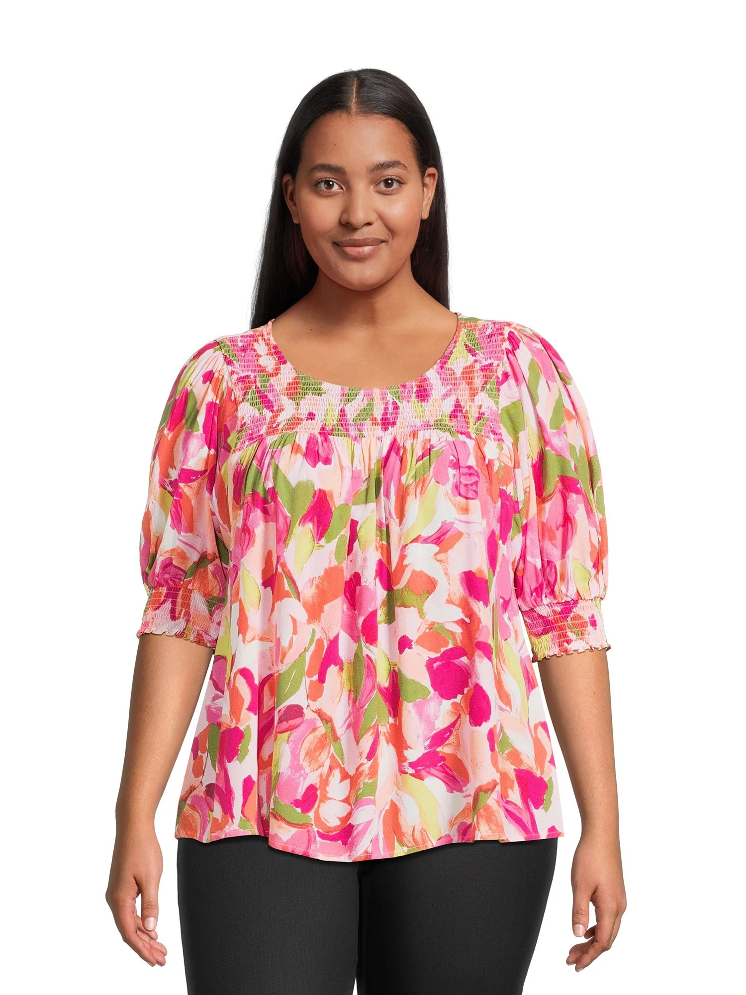 Terra & Sky Women’s Plus Size Smocked Blouse with Keyhole Back, Sizes 0X-4X | Walmart (US)