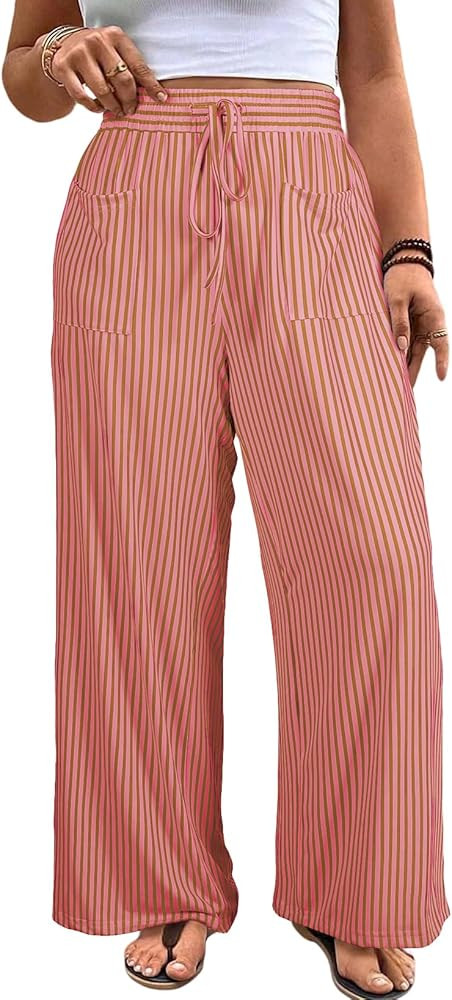Eytino Womens Plus Size Wide Leg Pants Elastic High Waist Striped Casual Palazzo Pants Lounge Tro... | Amazon (US)