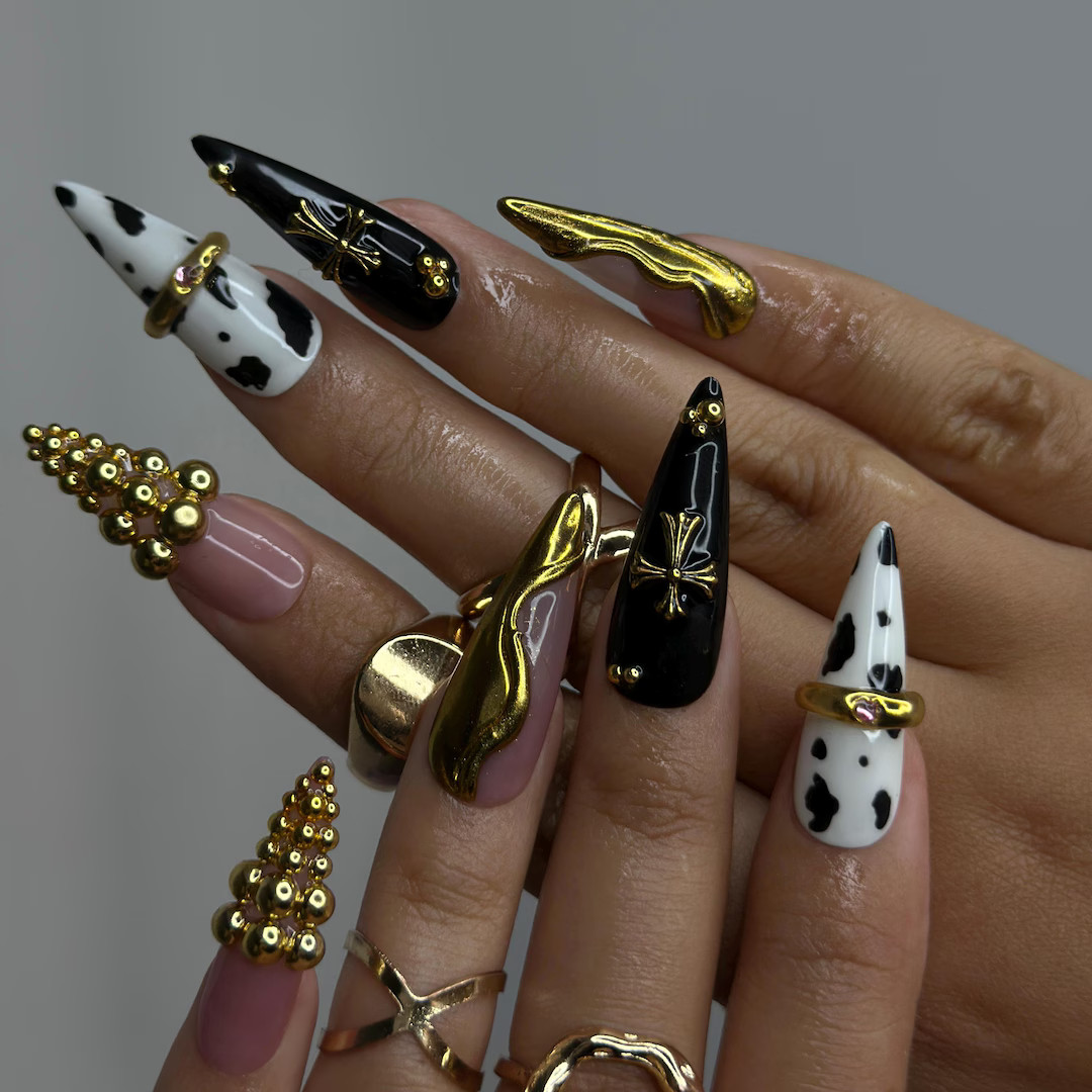 Gothic Cow Glam Press On Nails | Black & White Cow Print Stiletto Nails | Gold 3D Metal Accents |... | Etsy (US)