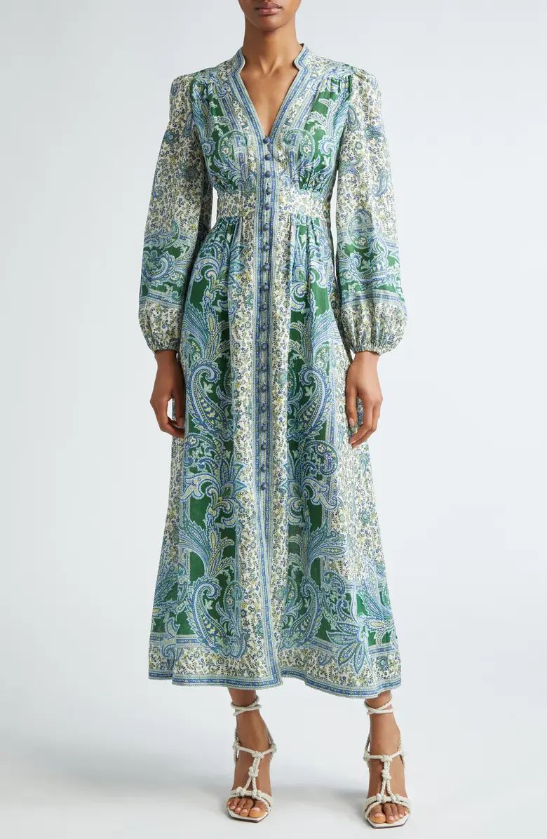 Ottie Paisley Long Sleeve Linen Midi Dress | Nordstrom