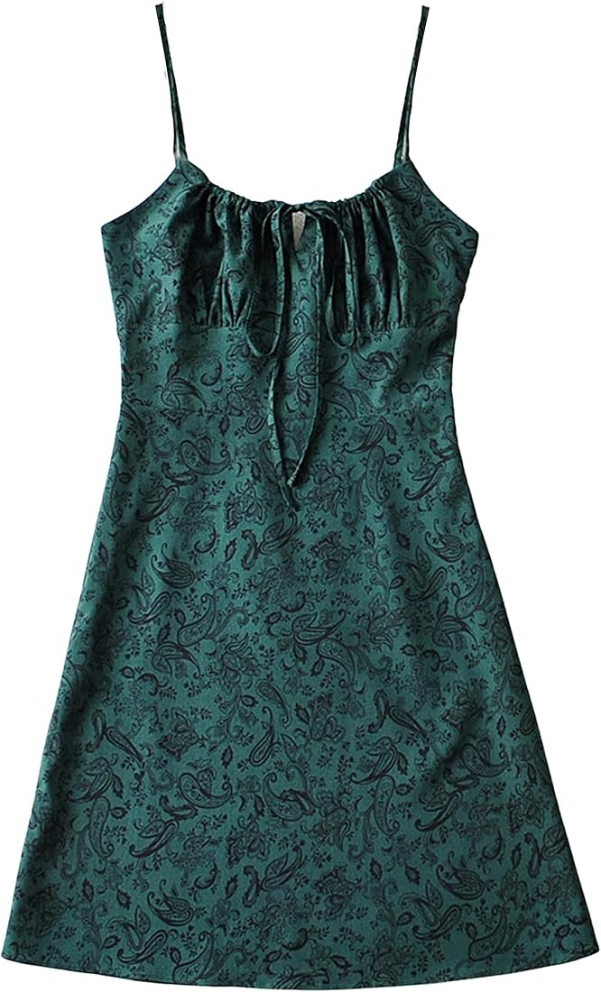 Omoone Women's Floral Dress Low-Cut Square Neck Spaghetti Strap Tie Bodycorn Dresses | Amazon (US)