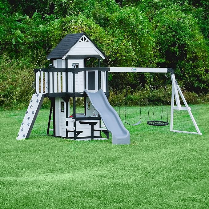 Backyard Discovery Canyon Creek White Cedar Wood Swing Set with Wave Slide, Clubhouse, Play Kitch... | Amazon (US)