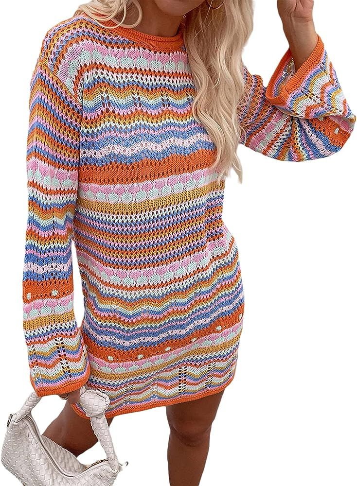 Womens Crochet Knit Dress Rainbow Stripe Long Sleeve Bodycon Mini Dress | Amazon (US)