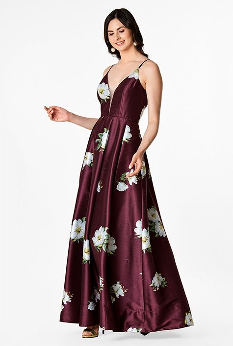 Plunge floral print dupioni maxi dress | eShakti