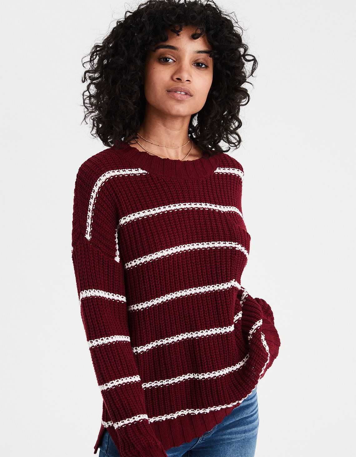 AE Stripe Pocket Crew Neck Sweater, Burgundy | American Eagle Outfitters (US & CA)