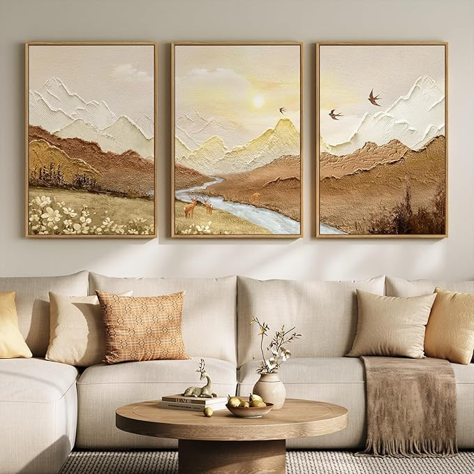 Framed Abstract Mountain Landscape Wall Art for Living Room, 3 Piece Brown Neutral Sunset Scenic ... | Amazon (US)
