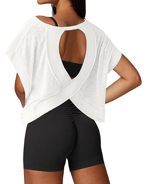 Women Short Sleeve Workout Shirts Open Back Tops Casual Yoga Y2k Athletic Gym Slouchy Crop Runnin... | Amazon (US)