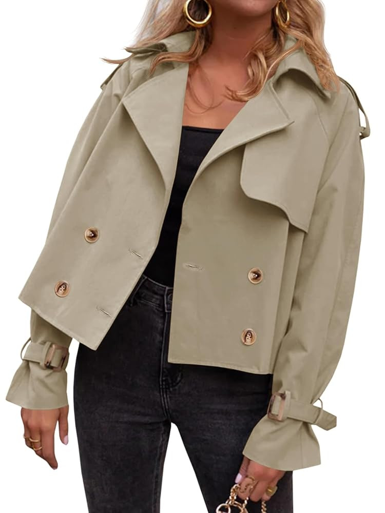 Tankaneo Womens Cropped Trench Coat Oversized Double Breasted Lapel Long Sleeve Short Jacket Fash... | Amazon (US)
