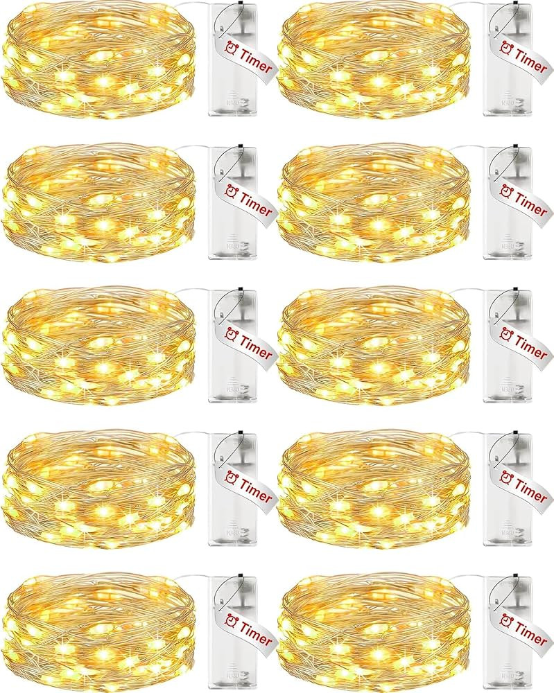 【10 Pack】Fairy Lights Battery Operated with Timer, 7FT 20LED String Lights Waterproof Silver ... | Amazon (US)