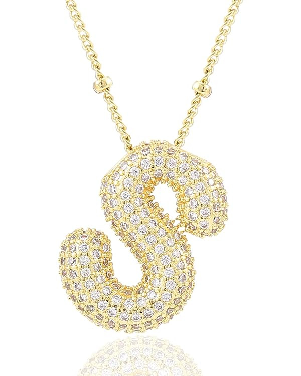 Letter Necklace, 14k Gold Plated Bubble Balloon Dainty Necklace for Women, Chunky Initial Charm P... | Amazon (US)