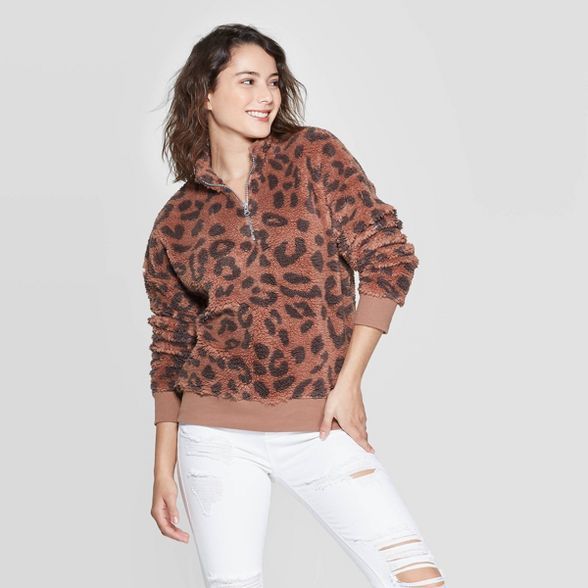 Women's Leopard Print Long Sleeve 1/4 Zip Sherpa Sweatshirt - Grayson Threads (Juniors') - Brown | Target