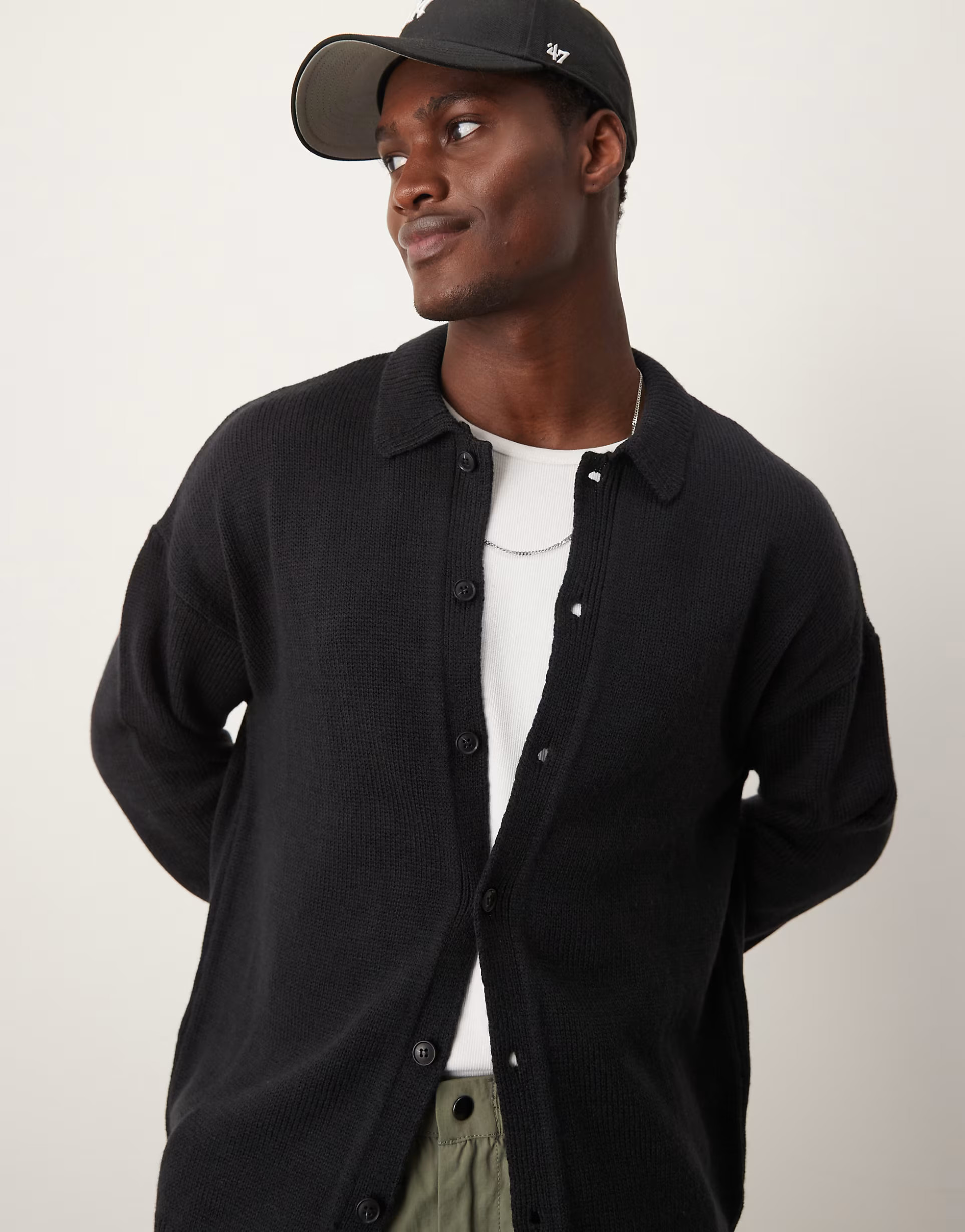 ASOS DESIGN relaxed boxy fit knitted cardigan with collar in black | ASOS (Global)