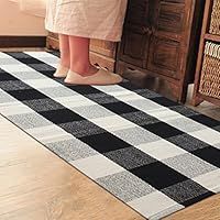PRAGOO Cotton Rug Hand-woven Checkered Carpet Braided Kitchen Mat Living Room Area Rug Black White F | Amazon (US)
