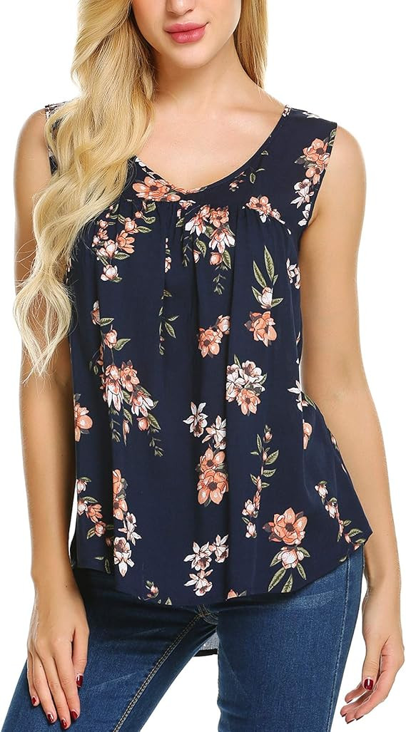 Zeagoo Women's Floral Tank Top Sleeveless Sexy V Neck Pleated Blouse Shirt | Amazon (US)
