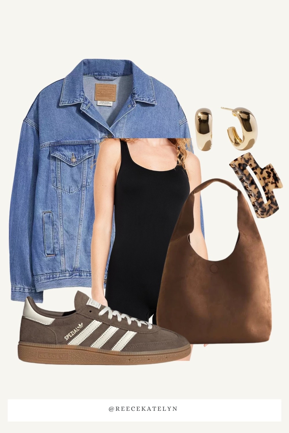 Transitional fall ootd women’s leisure / denim jacket / brown fit
