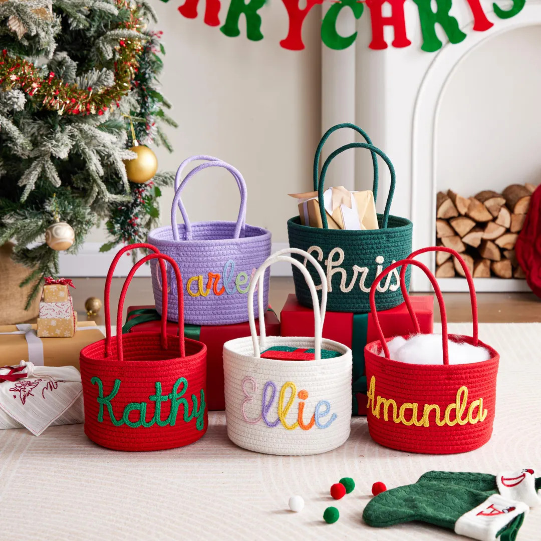 Personalized Christmas Cotton Basket: Custom Name Happy Holiday Bag,custom Christmas Name Basket,... | Etsy (US)