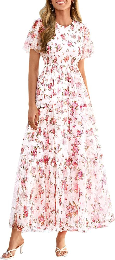 PRETTYGARDEN Tulle Floral Dress Women Summer Wedding Guest 2026 Spring Short Sleeve Maxi Smocked ... | Amazon (US)