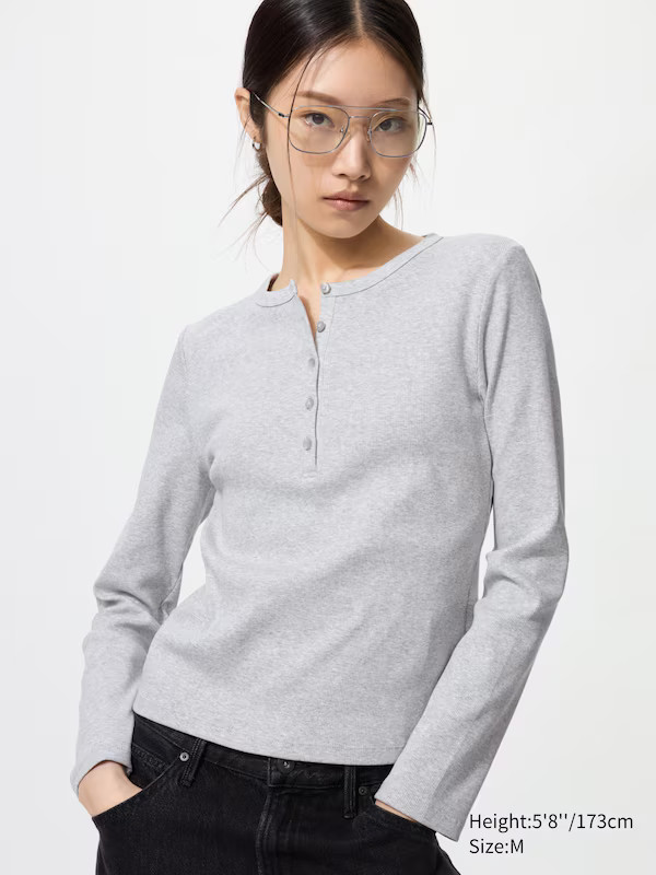 Ribbed Henley Neck T-Shirt (Long Sleeve) | UNIQLO (UK)