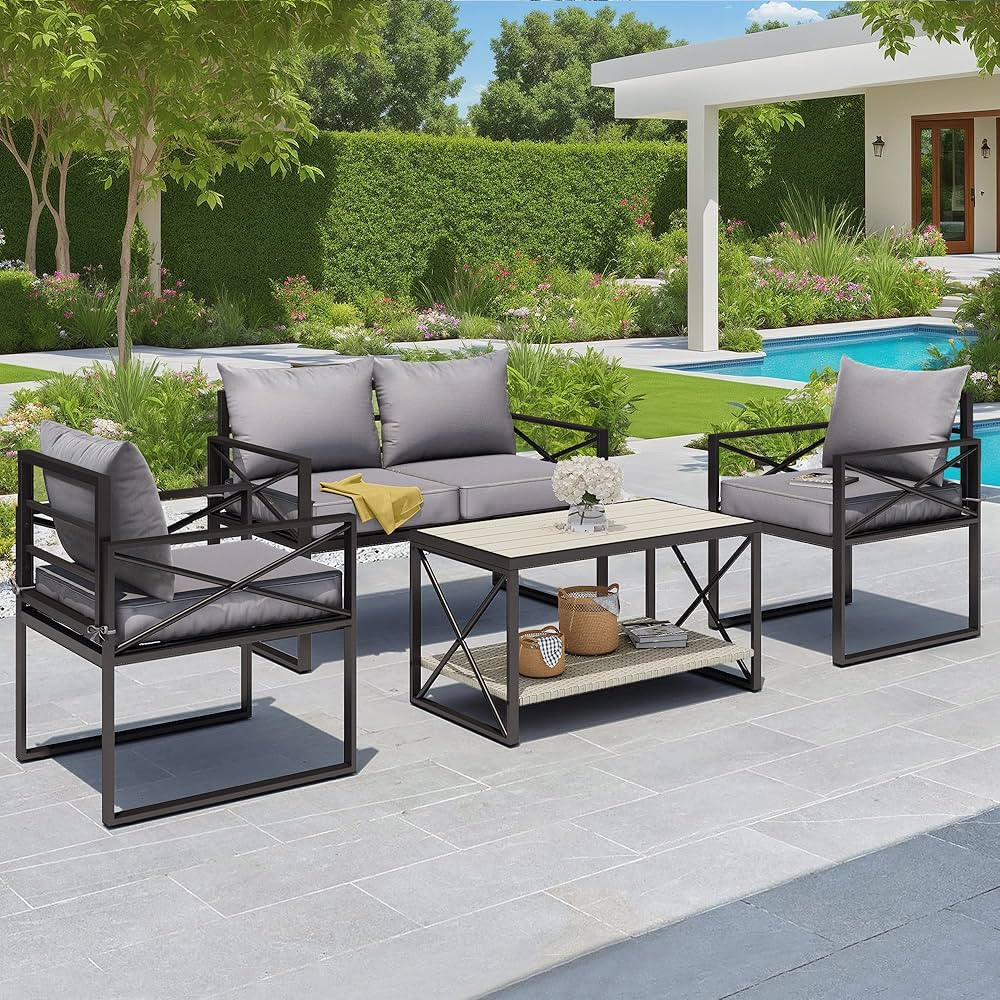YITAHOME 4-Pieces Metal Patio Furniture Set, Outdoor Conversation Set with Oversized Couch, Wicke... | Amazon (US)