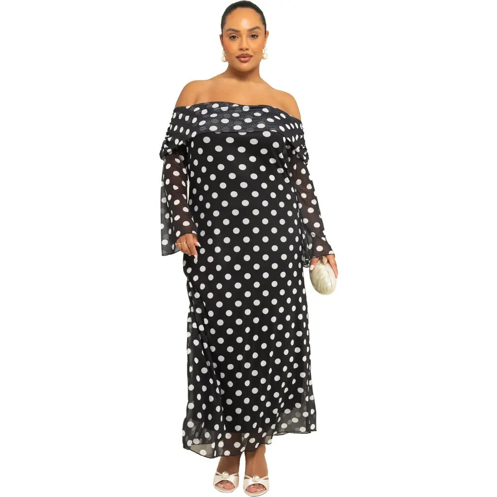 FASHION-SZN CURVE Plus Size Polka Dot Midi Dress in Black at Nordstrom, Size 22 | Nordstrom