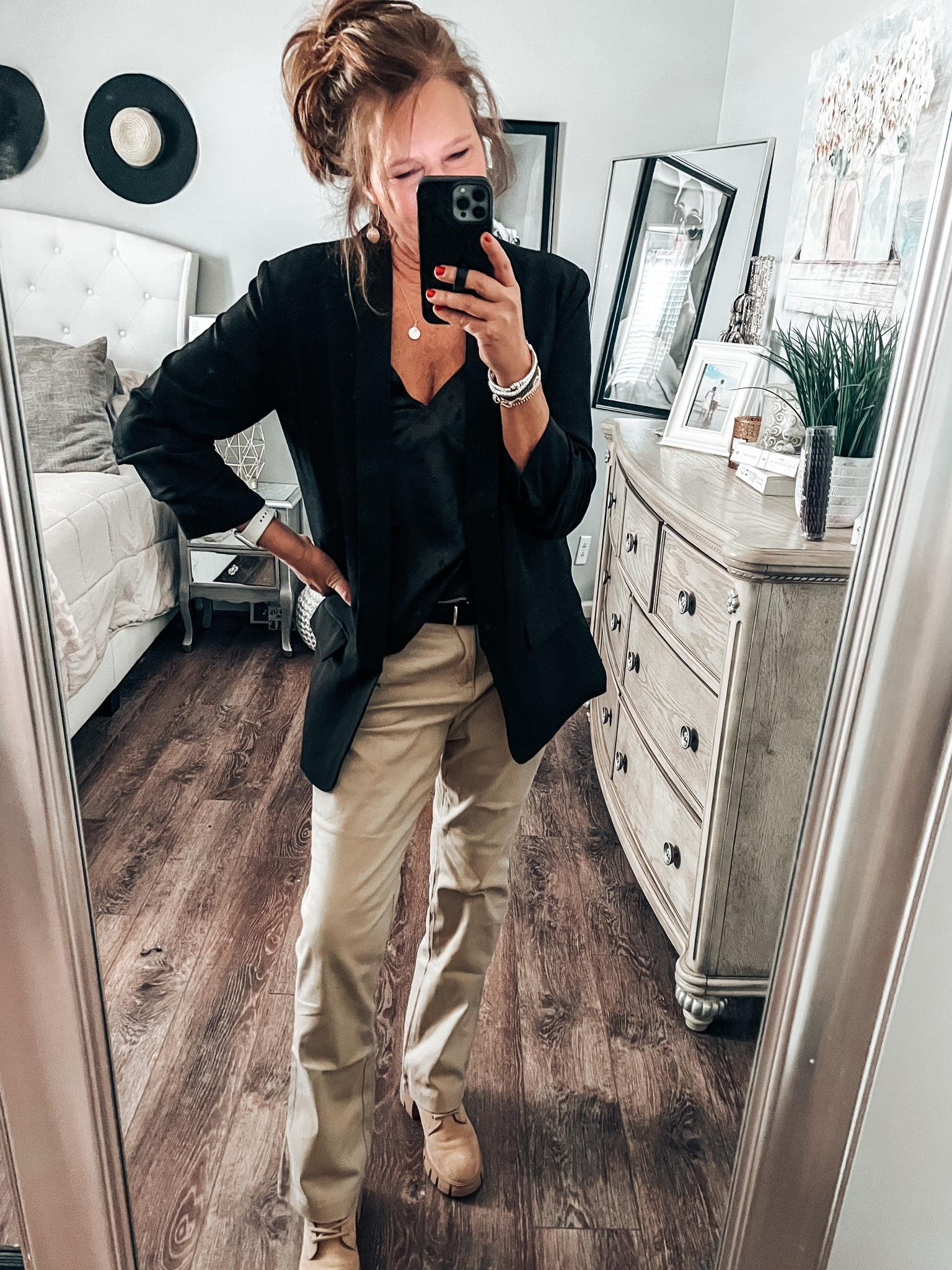 Black blazer from Express styled with clip dot camisole from Old Navy and bootcut chinos and lug bottom combat boots. Gold accessories ( bracelets mixed and matched from Amazon, Kate Spade initial necklace 

Business casual, casual date night,  laxer outfit, express, Walmart, Old Navy, Amazon, sale, casual work outfit, workwear, weekend outfit 

#LTKsalealert #LTKunder50 #LTKstyletip