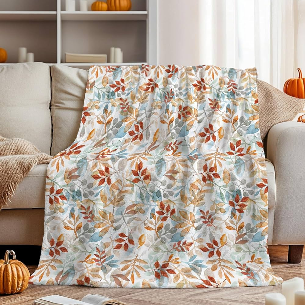 Horaldaily Fall Flannel Blanket Throw, Orange Blue Watercolor Leaves Soft Fuzzy Plush Cozy Fleece... | Amazon (US)