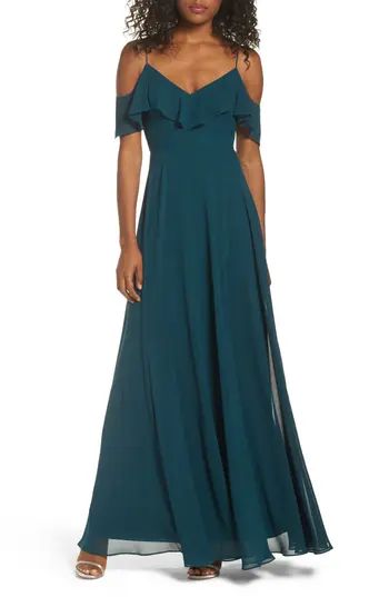 Women's Jenny Yoo Cold Shoulder Chiffon Gown, Size 0 - Blue/green | Nordstrom