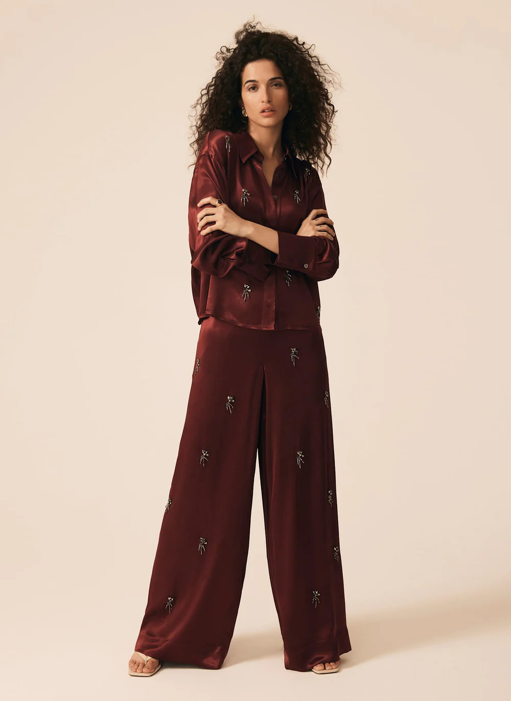 Burgundy Satin Embellished Wide Trousers | Mint Velvet
