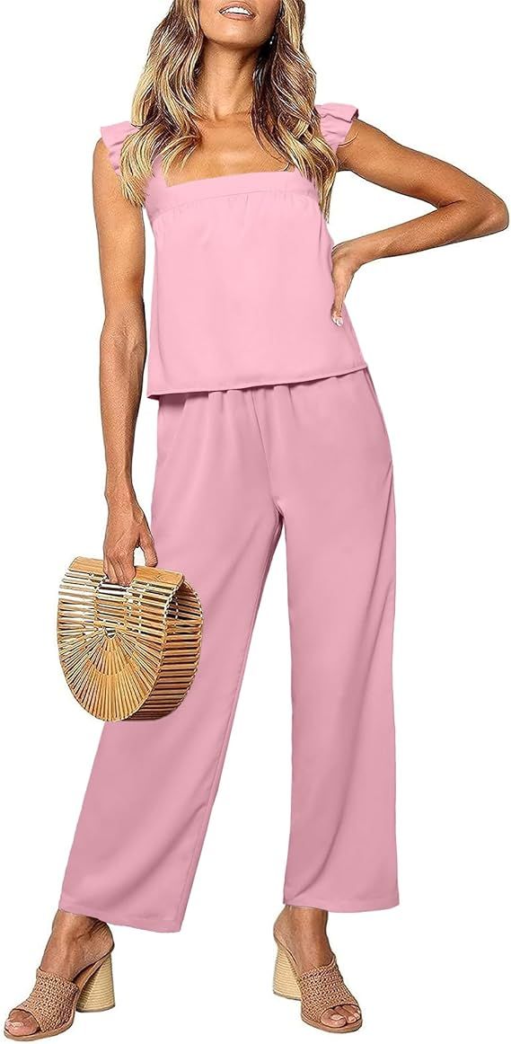 luvamia Two Piece Outfits for Women Flowy Square Neck Top High Waisted Wide Leg Pants with Pocket... | Amazon (US)