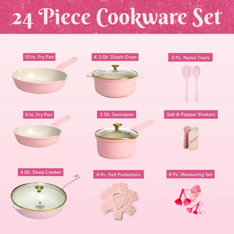 Paris Hilton 24 Piece Clean Ceramic Nonstick Cast Aluminum Cookware Set, Pink - Walmart.com | Walmart (US)