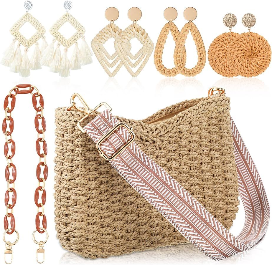 Abbylike Summer Handmade Straw Crossbody Bag for Women with 4 Rattan Earrings for Women Girl Vaca... | Amazon (US)