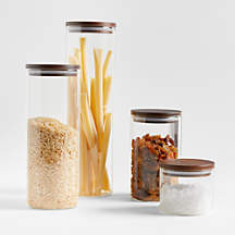 Crate & Barrel Complete Round Glass Canister Set with FSC-Certified Dark Acacia Wood Lids | Crate & Barrel