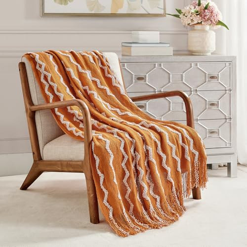 BOURINA Fluffy Chenille Knitted Fringe Throw Blanket Lightweight Soft Cozy for Bed Sofa Chair Throw Blankets, Orange 50" x 60" | Amazon (US)