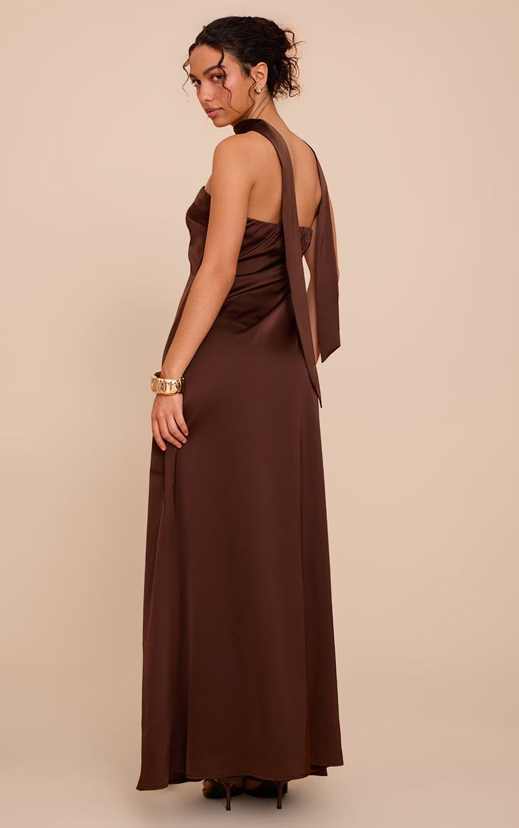 Chocolate Satin Bandeau Scarf Detail Maxi Dress | Dresses | PrettyLittleThing UK