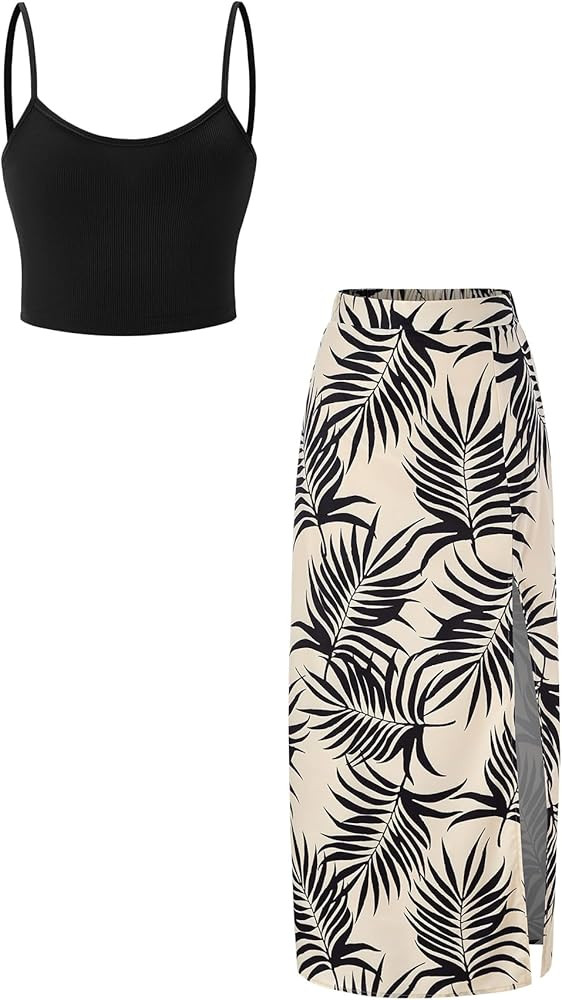 Women's 2 Piece Beach Vacation Outfits Boho Scoop Neck Crop Top Tropical Print Maxi Skirt Matchin... | Amazon (US)