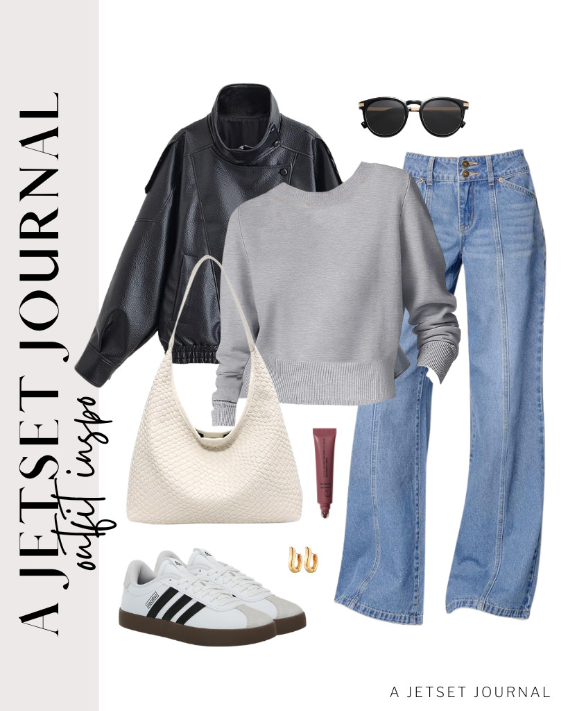 Your plain gray sweatshirt and trendy jeans will look beautiful with a nice pair of Adidas VL Court 3.0 sneakers. Of course, don’t forget to add a black high-collar leather jacket to the look. 

 #LTKSeasonal #LTKSaleAlert #LTKTravel