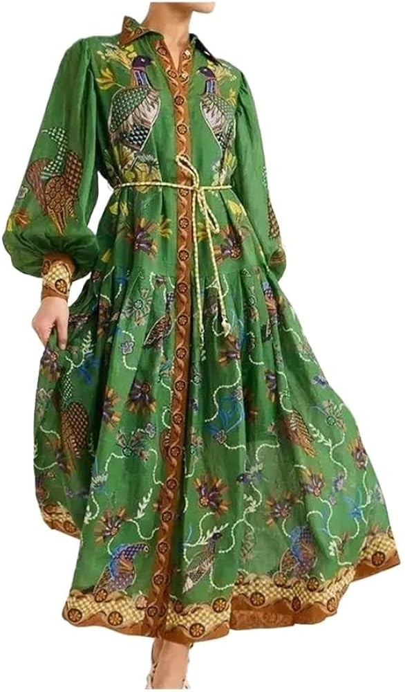 Women's Fashion Retro Lantern Sleeves Lace Up Long Sleeve Printed Dress | Amazon (US)