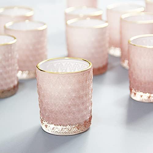 SHMILMH Pink Votive Candle Holders Set of 24, Christmas Glass Tealight Holders Bulk with Gold Rim, T | Amazon (US)