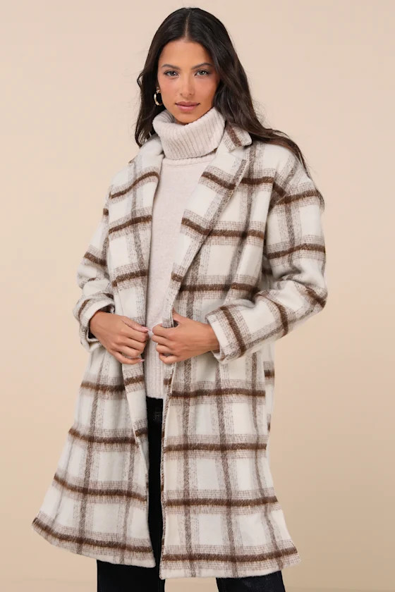 Emily Ivory Plaid Brushed Open-Front Coat | Lulus