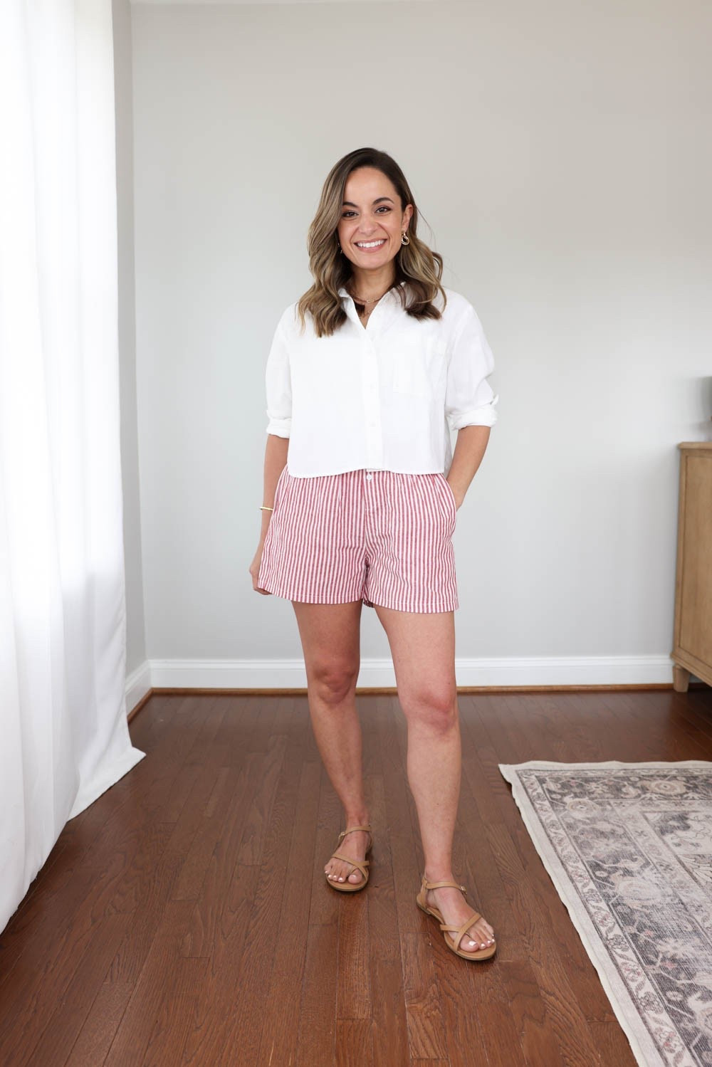 Five petite-friendly casual comfortable summer outfits! 

Poplin shorts (Amazon): xs 
Button down (Old Navy): petite xs