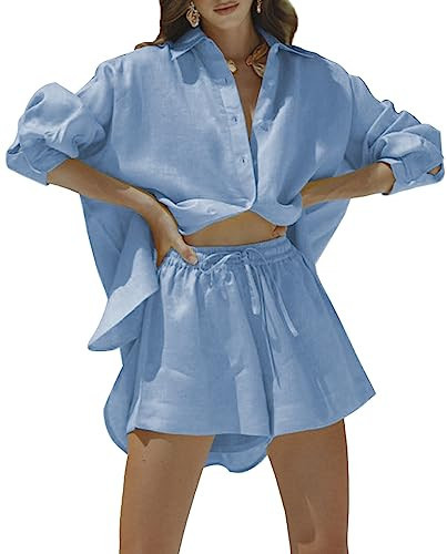 Fixmatti Women's 2 Piece Outfits Long Sleeve Button Down Shirts and Shorts Set Casual Summer Set Sweatsuits Sky Blue L | Amazon (US)