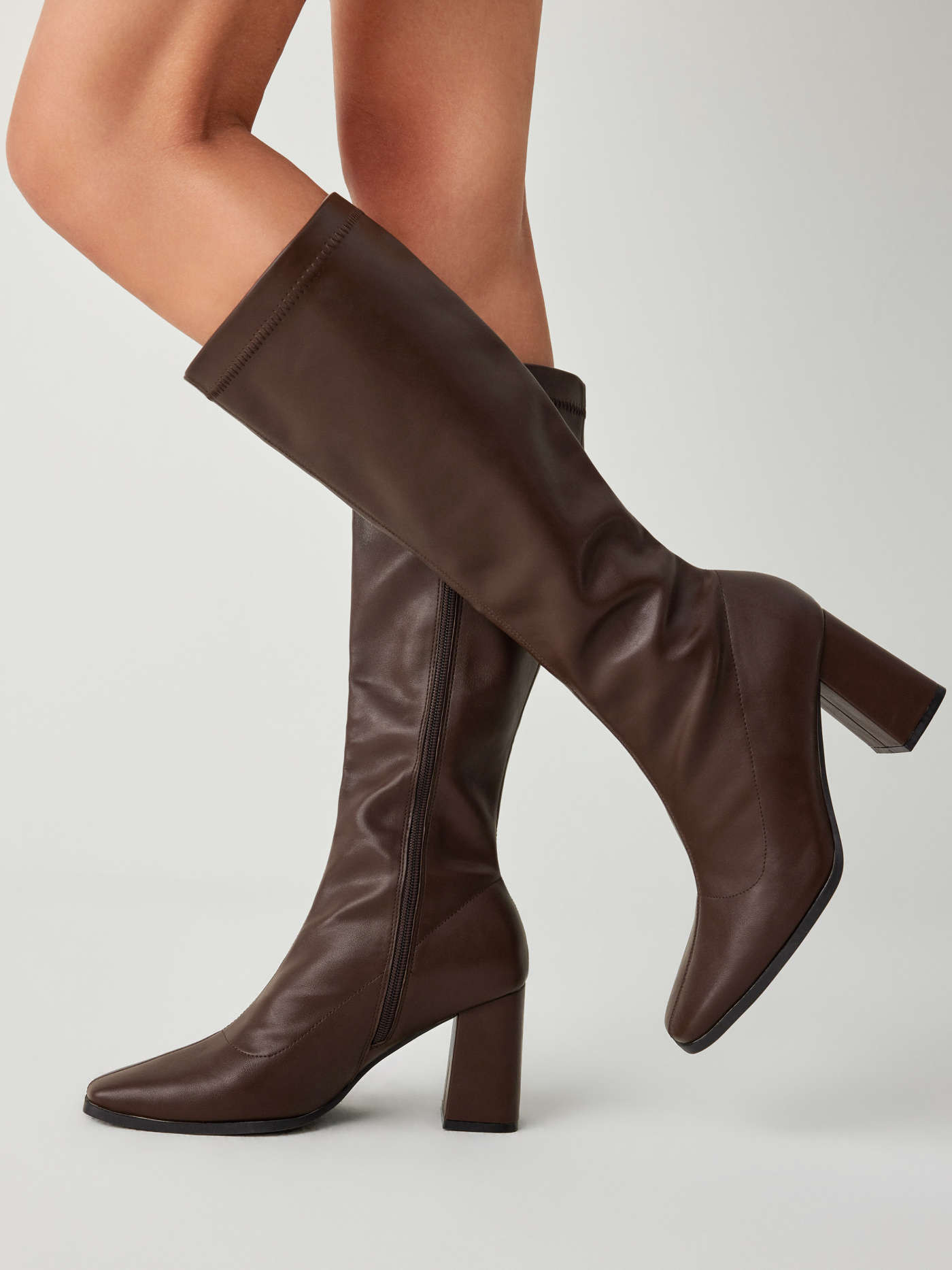 Preppy Classic Chunky Heeled Faux Leather Knee High Boots For Daily Casual Date Coffee Shop Work | Cider