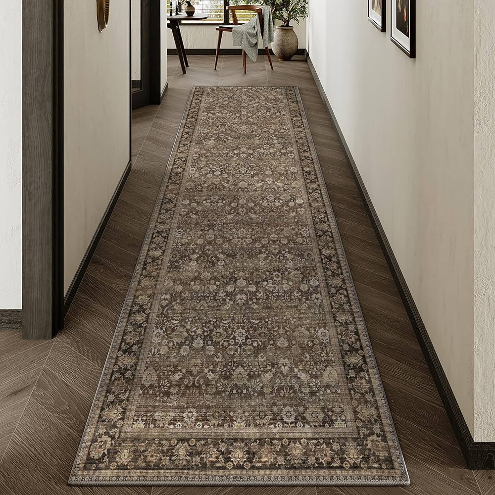 3x10 Runner Rug Machine Washable Brown Hallway Area Rug Indoor Accent Rug Floral Low Pile Carpet ... | Amazon (US)