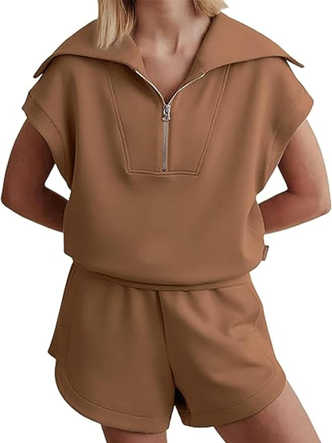 Meladyan Women Two Piece Outfits Tracksuit Half Zip Lapel Cap Sleeve Sweatshirt High Waist Drawst... | Amazon (US)