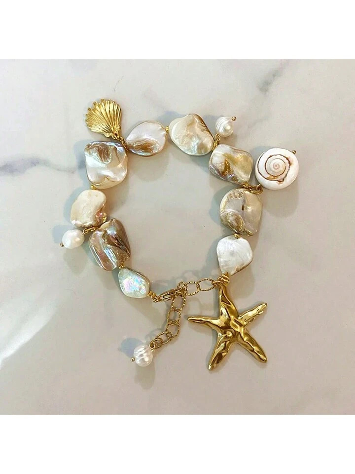 1 Pieza Pulsera Con Cuentas De Estrella De Mar Dorada Y Concha De Acero Inoxidable, Accesorio De Moda Para Mujer | SHEIN