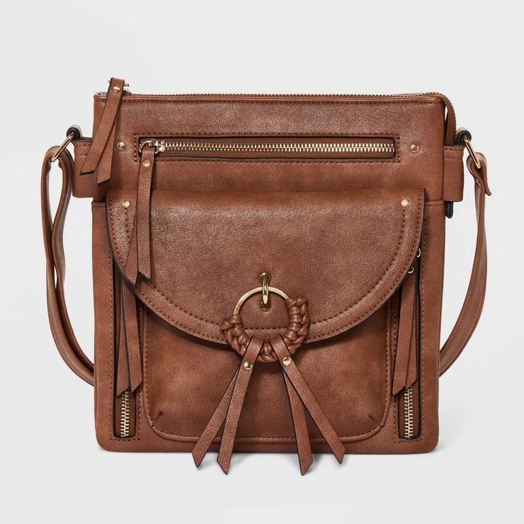 VR NYC Tammi Braided O-Ring Multi Zip Pocket Crossbody Bag - Dark Brown | Target
