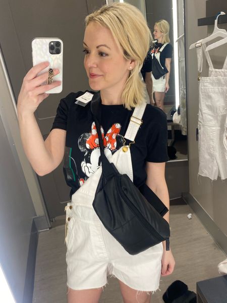 Disney Mom style inspo: just add Minnie mouse ears 😍❤️🥰. LOVE my Calpak belt bag. I have it in 2 colors & will be perfect for Disney. It's super roomy. These overalls are still on sale for $18! Mom life, mom style, Disney World style inspo, Disney mom, Disney style 

#LTKstyletip #LTKFind #LTKunder50